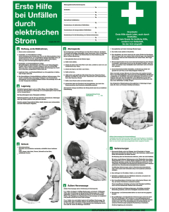 Betriebsaushang: Erste Hilfe bei Unfällen durch elektrischen Strom [...], grün, Folie selbstklebend oder Aluminium, 410 mm x 595 mm, nur als Einzelstück