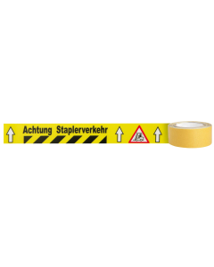 1A Tapes, Bodenmarkierungsband Achtung Stablerverkehr, gelb, selbstklebendes PVC, 50 mm, 5 m / Rolle
