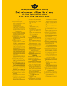 Betriebsaushang: Betriebsvorschriften Krane, gelb, DGUV 52, Kunststoff, 300 mm x 400 mm, 1 Stück 