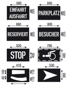 Bodenmarkierungsschablonen: Schablonensatz 1 für Markierungen mit Farben, Kunststoff, 8 St./Verpackungseinheit