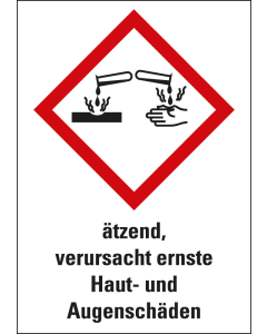 Gefahrensymbol: GHS05 Ätzwirkung mit Text ätzend, verursacht Haut- und Augenschäden, Folie selbstklebend, 26 x 37 mm, 12 St./Bogen