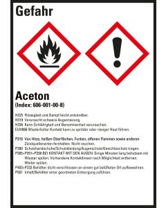 Gefahrstoffkennzeichen: Aceton, 2 GHS Symbole mit Text, Folie selbstklebend, 52 x 74 mm, 10 St./Bogen