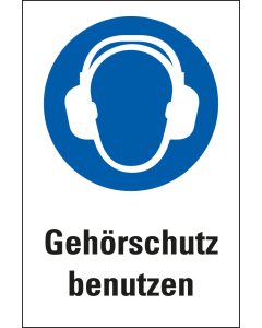 Kombi-Gebotsschild: Gehörschutz benutzen, blau-weiß, ASR/ISO, Piktogramm & Text, Kunststoff, 200 mm x 300 mm, 1 Stück
