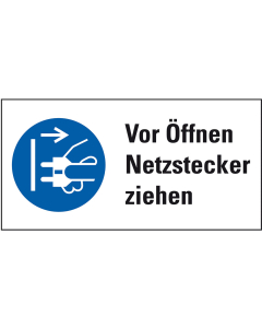 Kombi-Gebotsschild: Vor Öffnen Netzstecker ziehen, blau-weiß, Piktogramm & Text, Folie selbstklebend, 65 mm x 32 mm, 1 Stück