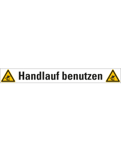 Treppenmarkierung: Handlauf benutzen (Piktos W007), ASR A1.3, DIN EN ISO, R10, Bodenmarkierungsfolie selbstklebend, 1000 mm x 120 mm, 1 Stück
