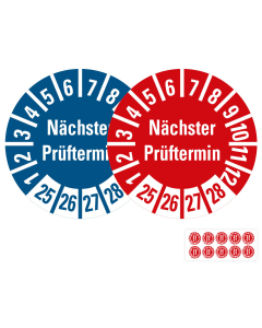 Produkt Hauptbild von Prüfplakette Nächster Prüftermin, 25 - 28, rot oder blau, Folie selbstklebend, Ø 8 oder 10 mm