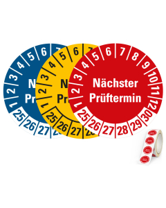 Produkt Hauptbild von Prüfplakette Nächster Prüftermin, 25 - 30, verschiedene Farben, Materialien und Größen