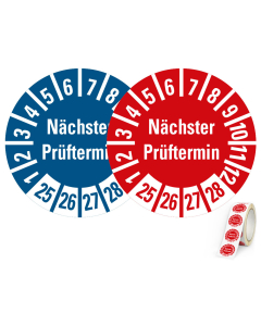 Produkt Hauptbild von Prüfplakette Nächster Prüftermin, 25 - 28, rot oder blau, Standardfolie, Ø 10 mm