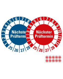 Produkt Hauptbild von Prüfplakette Nächster Prüftermin, 25 - 28, rot oder blau, Freifelder, Folie selbstklebend, Ø 30 mm