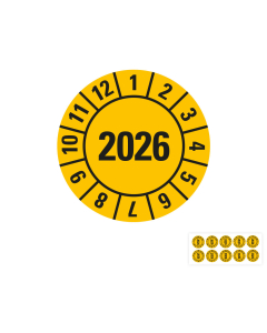 Produkt Hauptbild von Jahresprüfplakette 2026, gelb, verschiedene Materialien, Ø 10, 15, 20, 30 mm