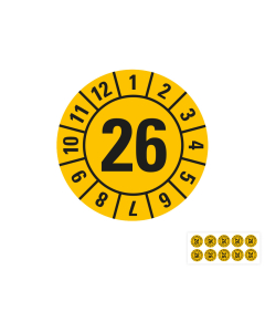 Produkt Hauptbild von Jahresprüfplakette 26, gelb, verschiedene Materialien, Ø 8, 15, 30 mm