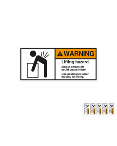 Produkt Hauptbild von ANSI-Aufkleber: WARNING Lifting hazard. Single person lift could cause injury, UL-anerkannt, ANSI Z535-4, Folie selbstklebend, versch. Größen
