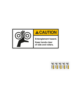 Produkt Hauptbild von ANSI-Aufkleber: CAUTION Entanglement hazard. Keep hands clear of web and rollers, UL-anerkannt, ANSI Z535-4, Folie selbstklebend, versch. Größen