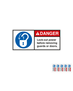 Produkt Hauptbild von ANSI-Aufkleber: DANGER Lock-out power before removing guards or doors, UL-anerkannt, ANSI Z535-4, Folie selbstklebend, versch. Größen
