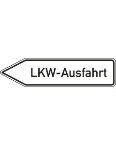 Wegweiser: LKW- Ausfahrt linksweisend, weiß, DIN 67520, Aluminium RA0 reflektierend, 1400 mm x 350 mm, 1 Stück