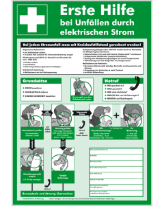 Aushang Erste Hilfe bei Unfällen durch elektrischen Strom, grün