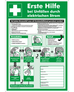 Betriebsaushang: Erste Hilfe bei Unfällen durch elektrischen Strom [...], grün, Folie selbstklebend oder Aluminium, 395 mm x 575 mm, nur als Einzelstück