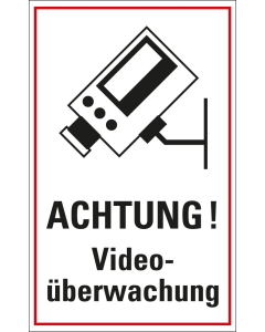 Hinweisschild: ACHTUNG! Videoüberwachung, Symbol Kamera und Text, weiß-schwarz