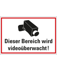 Hinweisschild: Dieser Bereich wird videoüberwacht!, Piktogramm Videokamera und Text, weiß