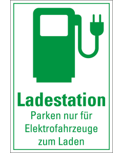 Hinweisschild: Ladestation Parken nur für Elektrofahrzeuge zum Laden, Piktogramm mit Text, weiß-grün