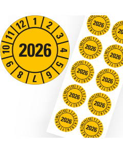 Jahresprüfplakette 2026, gelb, Folie selbstklebend, Ø 30 mm, 10 St./Bogen
