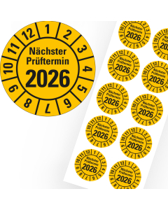 Jahresprüfplakette Nächster Prüftermin, 2026, gelb, Folie selbstklebend, Ø 20 mm, 10 St./Bogen