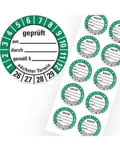 Prüfplakette geprüft am... durch... gemäß... nächster Termin, 26-29, Ø 30 mm, Bogen