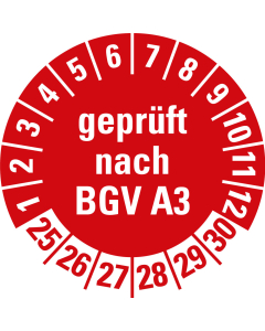 Prüfplakette geprüft nach BGV A3, 25 - 30, rot, Folie selbstklebend, Ø 20 mm, 10 St./Bogen