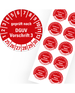 Prüfplakette geprüft nach DGUV Vorschrift 3, 25 - 30, rot, Folie selbstklebend, Ø 30 mm, 10 St./Bogen