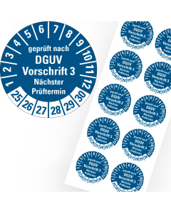 Prüfplakette geprüft nach DGUV Vorschrift 3 Nächster Prüftermin, 25 - 30, blau, Folie selbstklebend, Ø 20 mm, 10 St./Bogen
