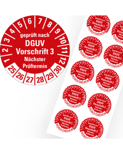 Prüfplakette geprüft nach DGUV Vorschrift 3 Nächster Prüftermin, 25 - 30, rot, Folie selbstklebend, Ø 20 mm, 10 St./Bogen