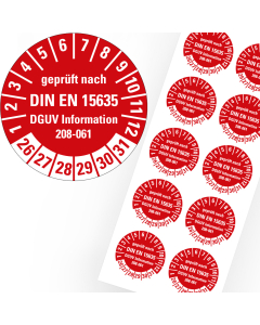 Prüfplakette geprüft nach DIN EN 15635, 26 - 31, rot, Standardfolie, Ø 30 mm, 10 St./Bogen