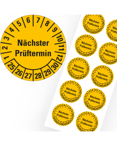 Prüfplakette Nächster Prüftermin, 25 - 30, gelb, Folie selbstklebend, Ø 20 mm, 10 St./Bogen