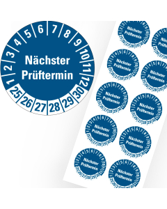 Prüfplakette Nächster Prüftermin, 25 - 30, blau, Folie selbstklebend, Ø 15 mm, 10 St./Bogen