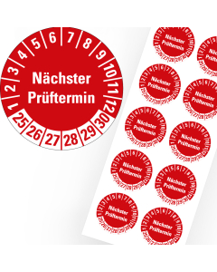 Prüfplakette Nächster Prüftermin, 25 - 30, rot, Folie selbstklebend, Ø 20 mm, 10 St./Bogen