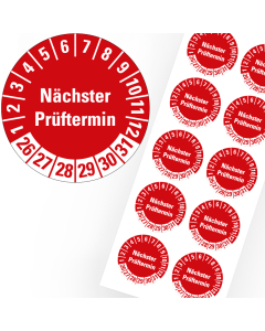 Prüfplakette Nächster Prüftermin, Bogen, rot, 26-31, Standardfolie, Ø 15 mm