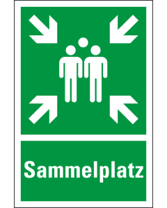Rettungszeichen-Kombischild: Sammelplatz, Piktogramm Sammelstelle und Text, ASR/ISO