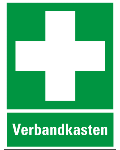 Rettungszeichen-Kombischild: Verbandkasten, Piktogramm und Text, ASR/ISO oder praxisbewährt, Kunststoff oder Folie, zwei Größen, nur als Einzelstück