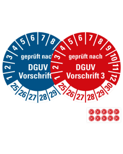 Produkt Hauptbild von Prüfplakette geprüft nach DGUV Vorschrift 3, 25 - 30, rot oder blau, verschiedene Materialien, Ø 20 oder 30 mm