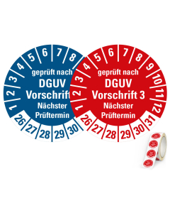 Hauptbild Prüfplakette geprüft nach DGUV Vorschrift 3 Nächster Prüftermin, 26 - 31, rot oder blau, Ø 20 oder 30 mm, Rolle/Spender