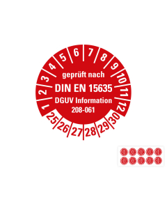 Hauptbild Prüfplakette geprüft nach DIN EN 15635, DGUV Information 208-061, rot, Folie mit Spezialkleber, versch. Jahreszahlen, Ø 30 mm, 10 St./Bogen