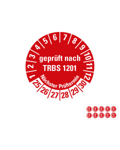 Produkt Hauptbild von 6-Jahres-Prüfplakette geprüft nach TRBS 1201 Nächster Prüftermin, rot, Folie mit Spezialkleber, versch. Jahreszahlen