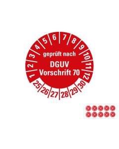 Hauptbild Prüfplakette geprüft nach DGUV Vorschrift 70, rot, Folie mit Spezialkleber, versch. Jahreszahlen, Ø 30 mm, angestanzt aut Bogen