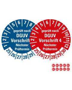 Produkt Hauptbild von Prüfplakette geprüft nach DGUV Vorschrift 4 Nächster Prüftermin, rot oder blau, Folie mit Spezialkleber, versch. Jahreszahlen