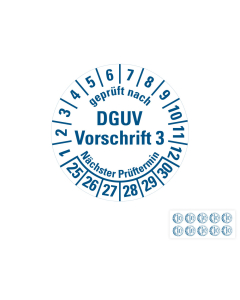 Produkt Hauptbild von 6-Jahres-Prüfplakette geprüft nach DGUV Vorschrift 3 Nächster Prüftermin, weiß, DIN EN 60601-01, Folie mit Spezialkleber, versch. Jahreszahlen & Durchmesser
