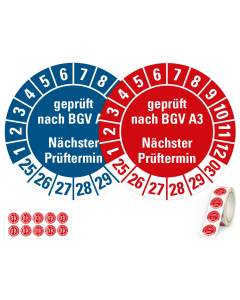 Produkt Hauptbild von 6-Jahres-Prüfplakette geprüft nach BGV A3 Nächster Prüftermin, rot oder blau, Folie mit Spezialkleber, versch. Jahreszahlen, versch. Durchmesser & Lieferformen