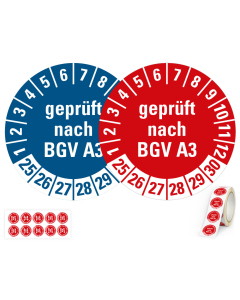 Produkt Hauptbild von 6-Jahres-Prüfplakette geprüft nach BGV A3, rot oder blau, Folie mit Spezialkleber, versch. Jahreszahlen, versch. Durchmesser & Lieferformen