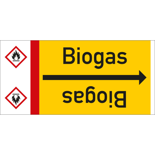  Rohrleitungsband: Biogas, mit Gefahrensymbol, DIN 2403, für Rohre ab Ø 15 mm, Folie selbstklebend, 33 m/Rolle