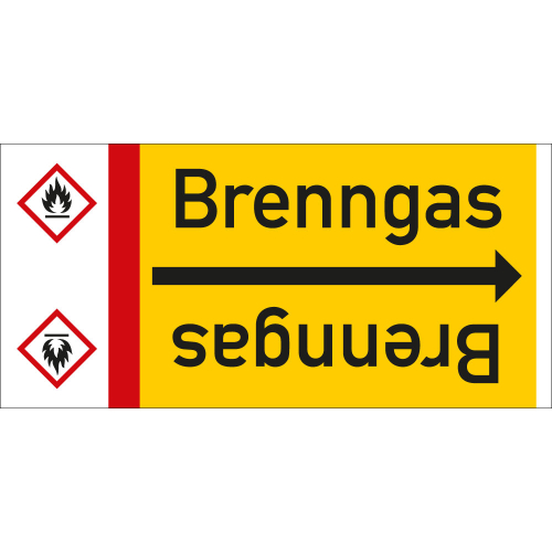  Rohrleitungsband: Brenngas, mit Gefahrensymbol, DIN 2403, für Rohre ab Ø 15 mm, Folie selbstklebend, 33 m/Rolle