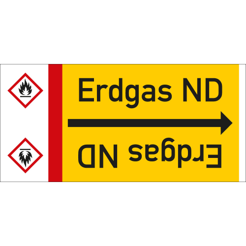  Rohrleitungsband: Erdgas ND, mit Gefahrensymbol, DIN 2403, für Rohre ab Ø 15 mm, Folie selbstklebend, 33 m/Rolle